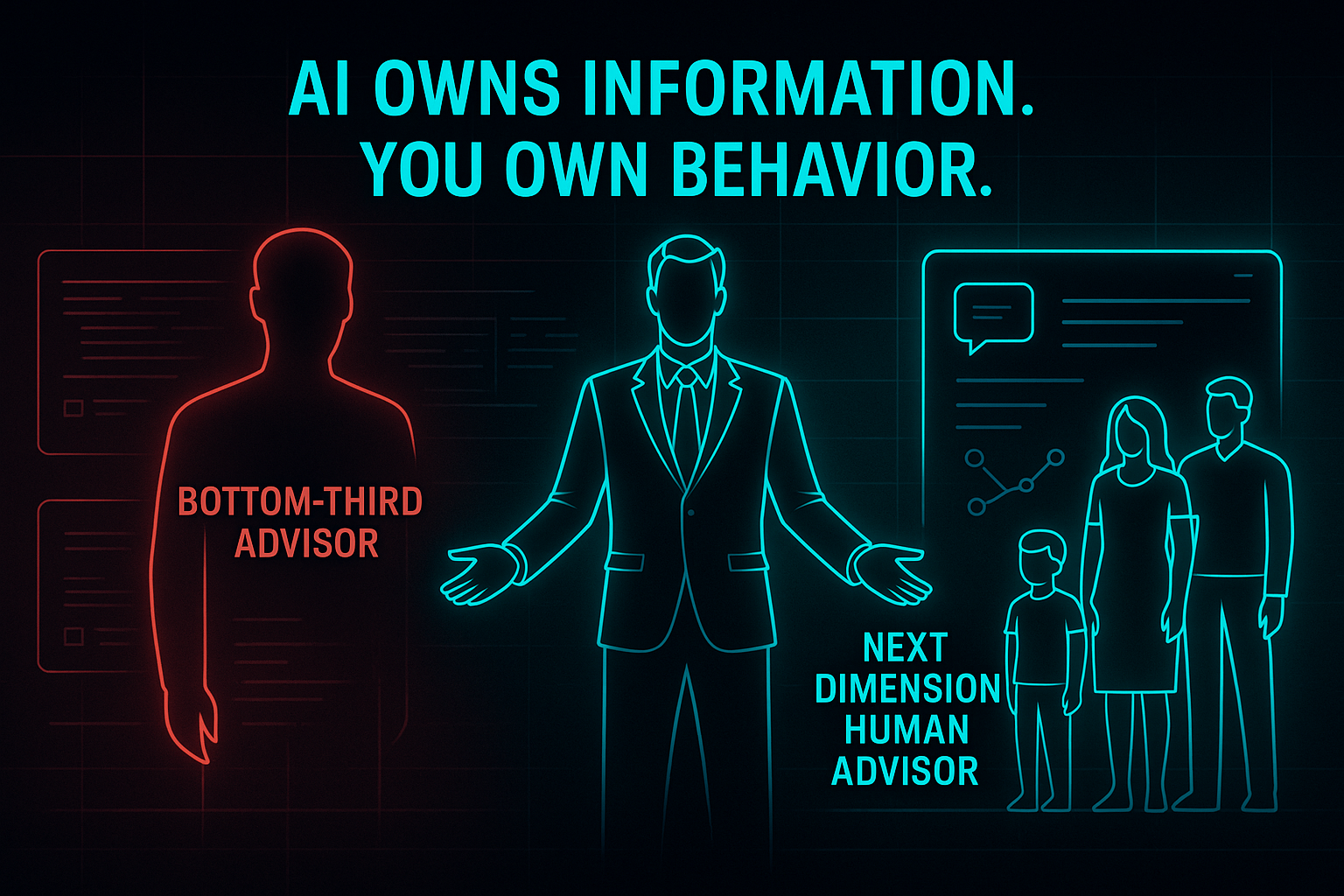 Bottom-Third Advisor fading into AI code on the left, Next Dimension Human Advisor leading a family with AI as support on the right